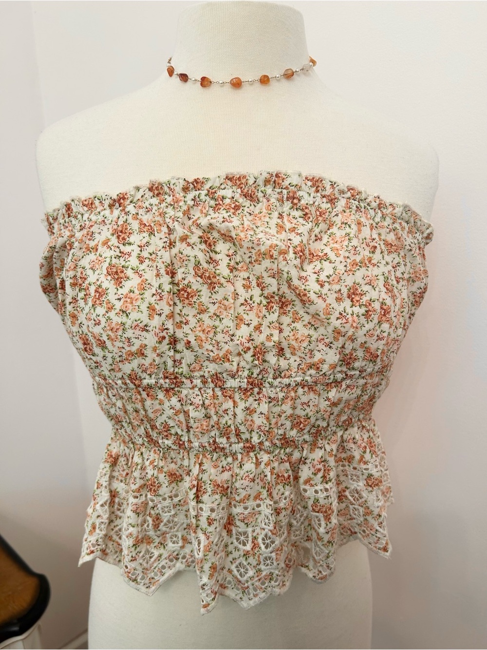 American Eagle Outfitters Cream Strapless Floral Smocked Crop Top